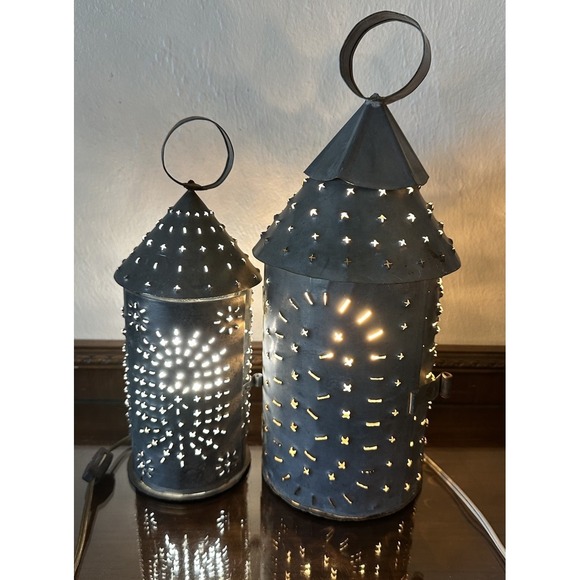2 Primitive Paul Revere Style Punched Tin Electric Candle Lantern 12